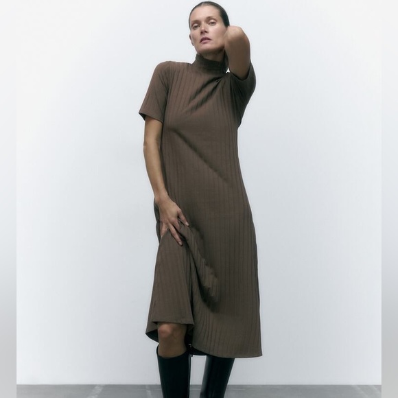 ZARA RIBBED MOCK-NECK DRESS - Picture 1 of 8